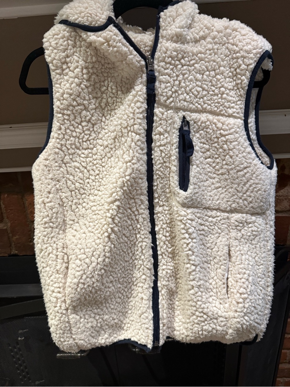 Thread & Supply Cream Sherpa Hooded Zip Vest with Navy Blue Trim - Size S
